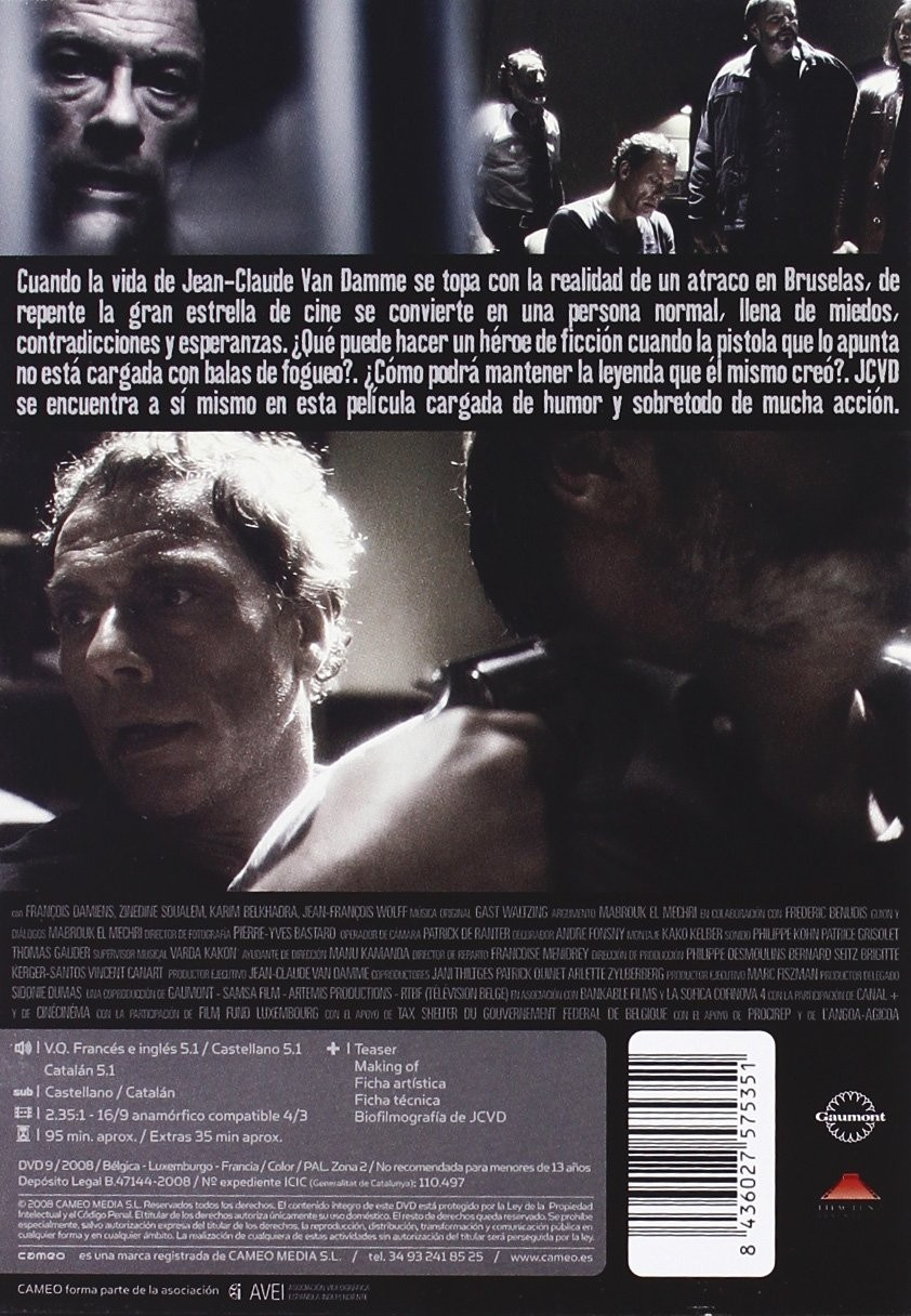 Cartel de cine con Jean-Claude Van Damme, texto y código de barras.