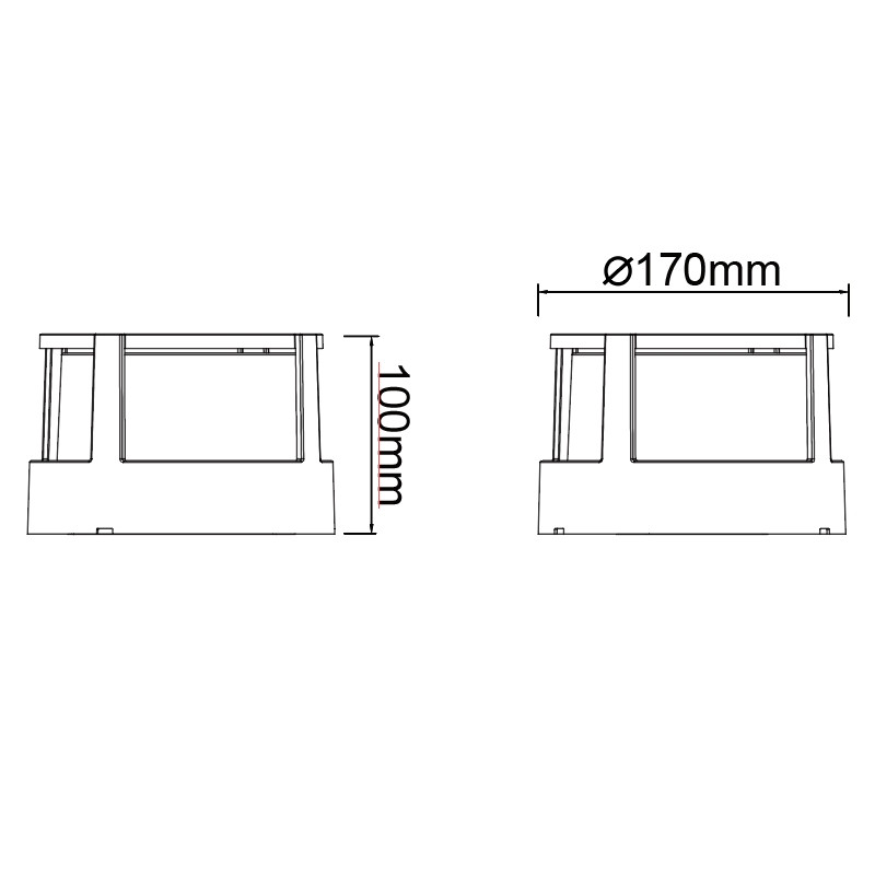 Dibujo técnico de un objeto cilíndrico de 170 mm de diámetro y 100 mm de altura.