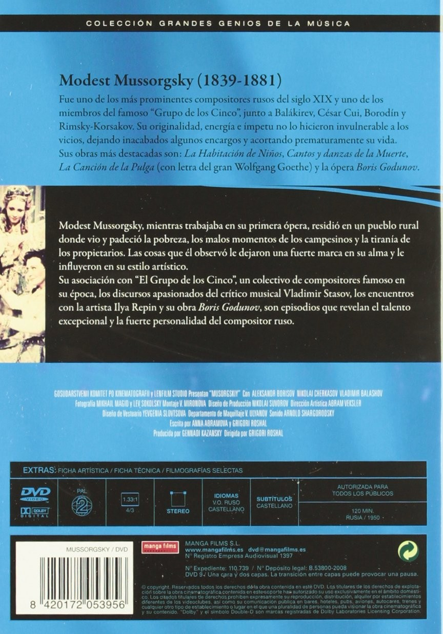 Contraportada de un estuche de DVD sobre Modest Mussorgsky con texto, imágenes, detalles técnicos y código de barras.