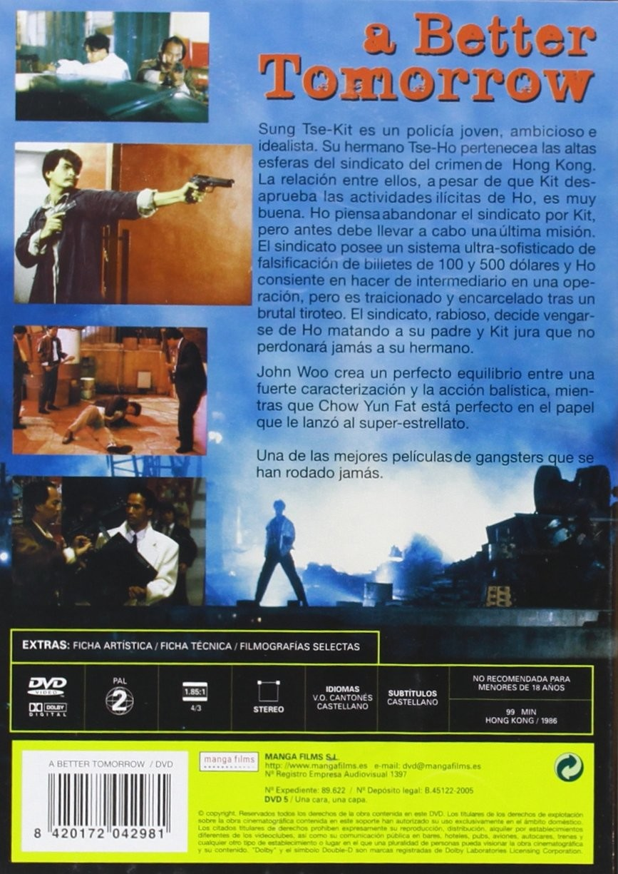 Caratula del DVD de A Better Tomorrow con fotogramas, sinopsis en español y detalles técnicos.