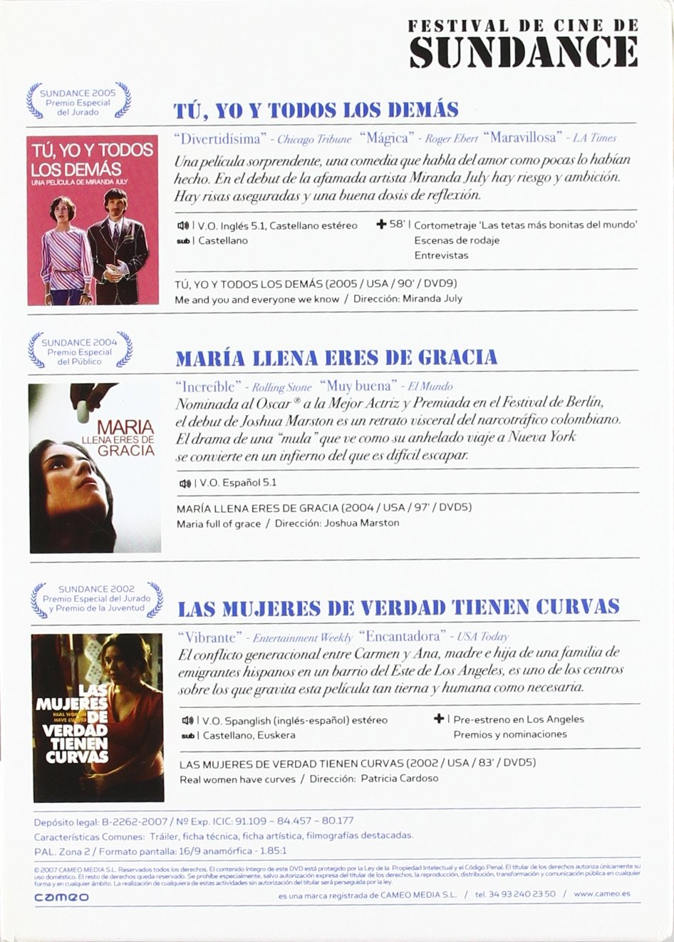 Cartel de cine con tres películas de Sundance: Tú, yo y todos los demás, María llena eres de gracia y Las mujeres de verdad tienen curvas.
