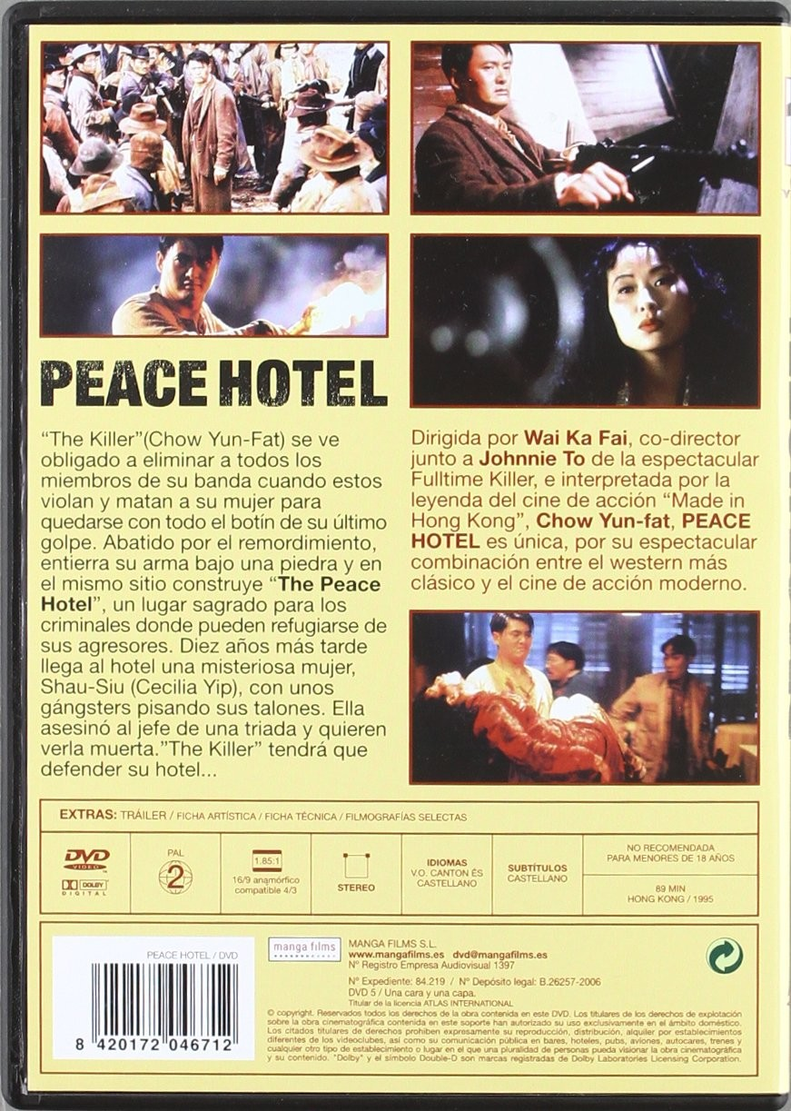 Contraportada del DVD de Peace Hotel con fotogramas, texto y código de barras.