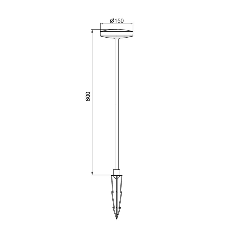 Dibujo técnico de una luz de estaca con un diámetro de cabezal de 150 mm y 600 mm de altura.