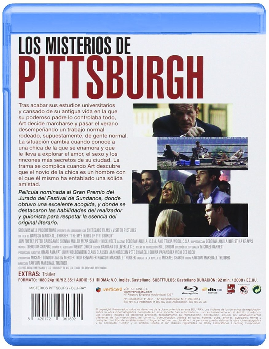 Contraportada del Blu-ray de Los misterios de Pittsburgh con texto, fotogramas y código de barras.
