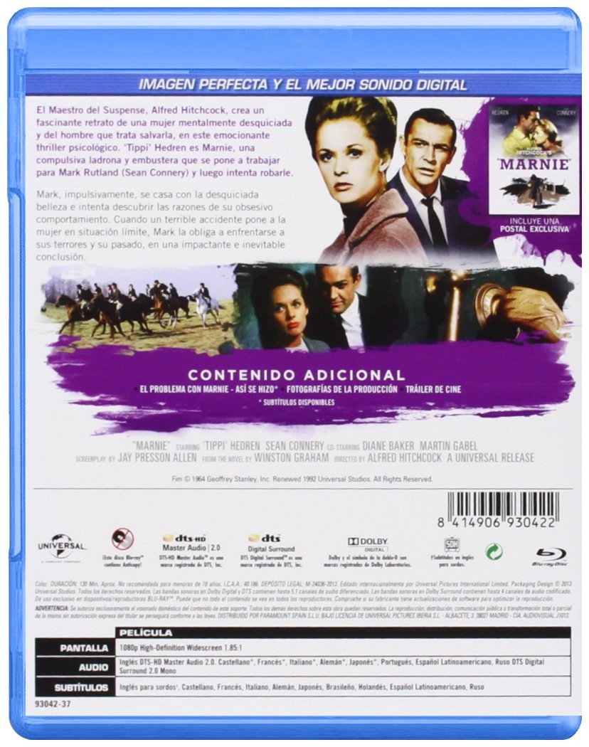 Contraportada de un estuche Blu-ray de Marnie con imágenes de personajes, texto y detalles técnicos.