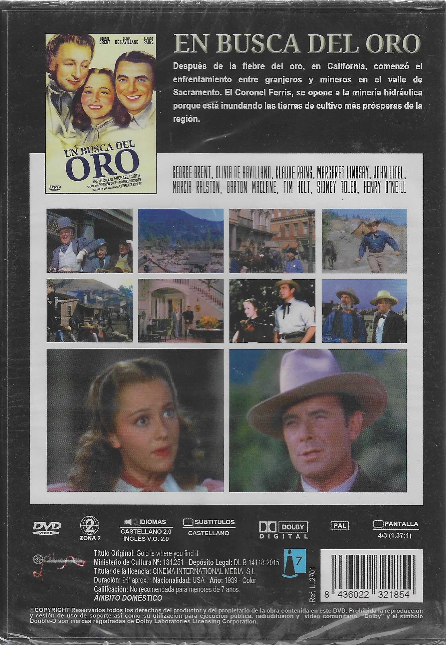 Contraportada del DVD de En busca del oro con fotogramas, sinopsis, reparto y detalles técnicos.