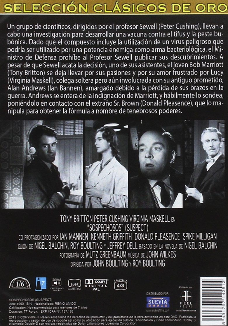 Contraportada de DVD de la película Suspect con sinopsis en español, reparto y cuatro escenas en blanco y negro.