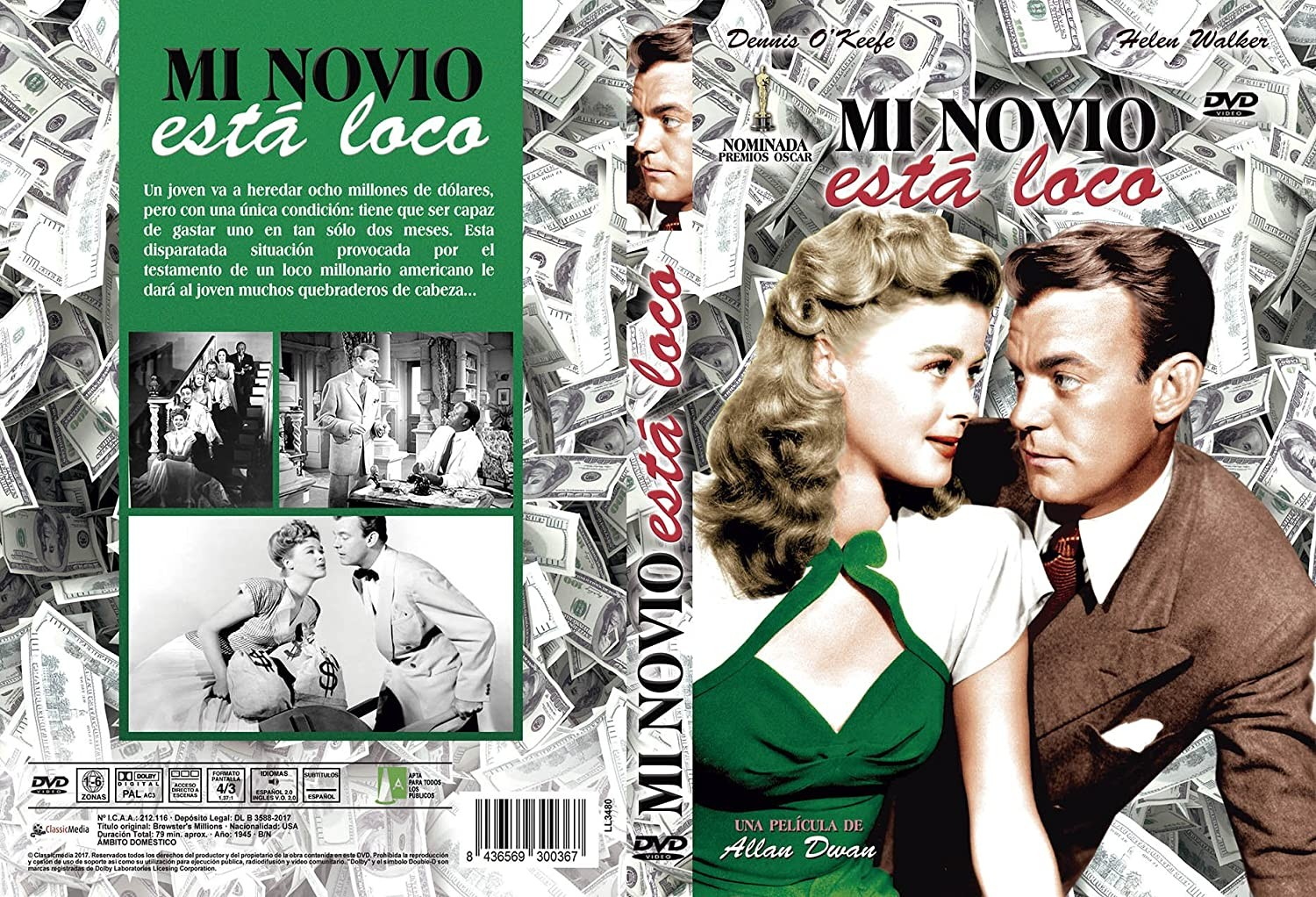 Carátula del DVD Mi novio está loco con Dennis O'Keefe y Helen Walker sobre billetes.