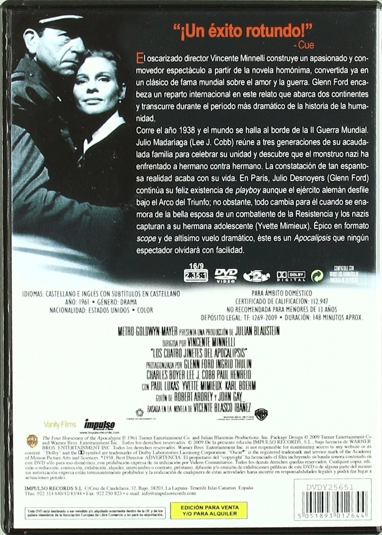 Contraportada de un DVD con texto en español, créditos y una foto en blanco y negro de una pareja.