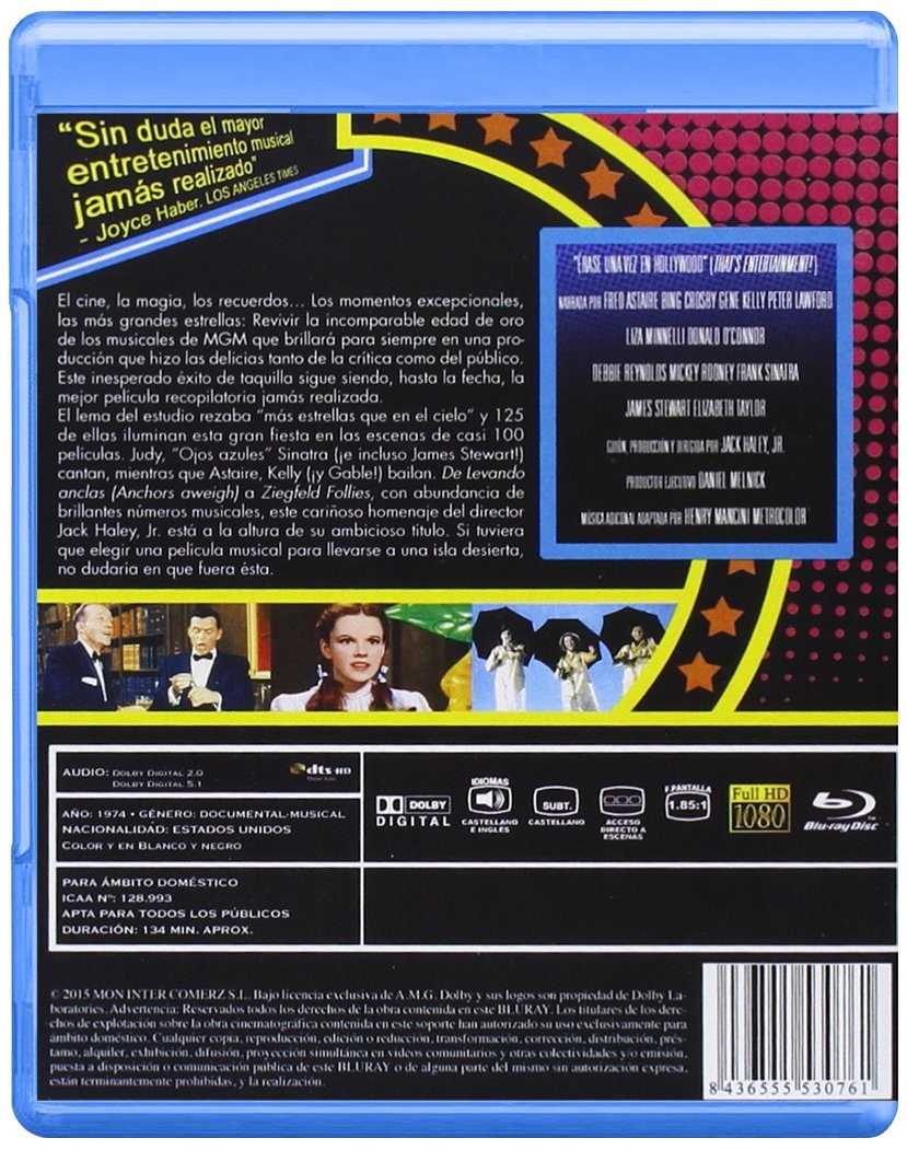 Parte trasera de una caja de Blu-ray con texto, estrellas, fotogramas y detalles técnicos sobre fondo negro.