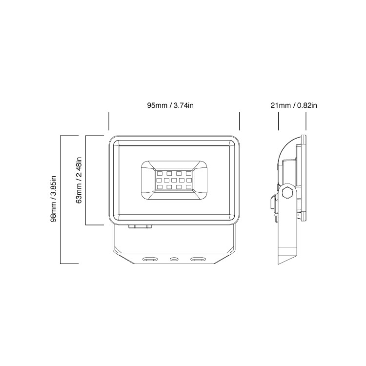 Dibujo técnico de un foco LED con vistas frontal y lateral incluyendo dimensiones.