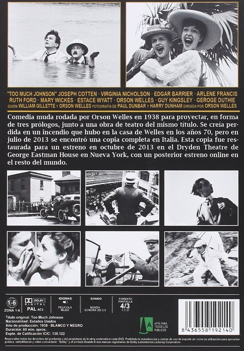 Contraportada de DVD con escenas en blanco y negro, reparto y texto en español sobre la película Too Much Johnson.