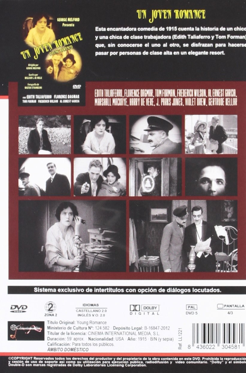 Contraportada del DVD Un joven romance con fotogramas, reparto y detalles técnicos.