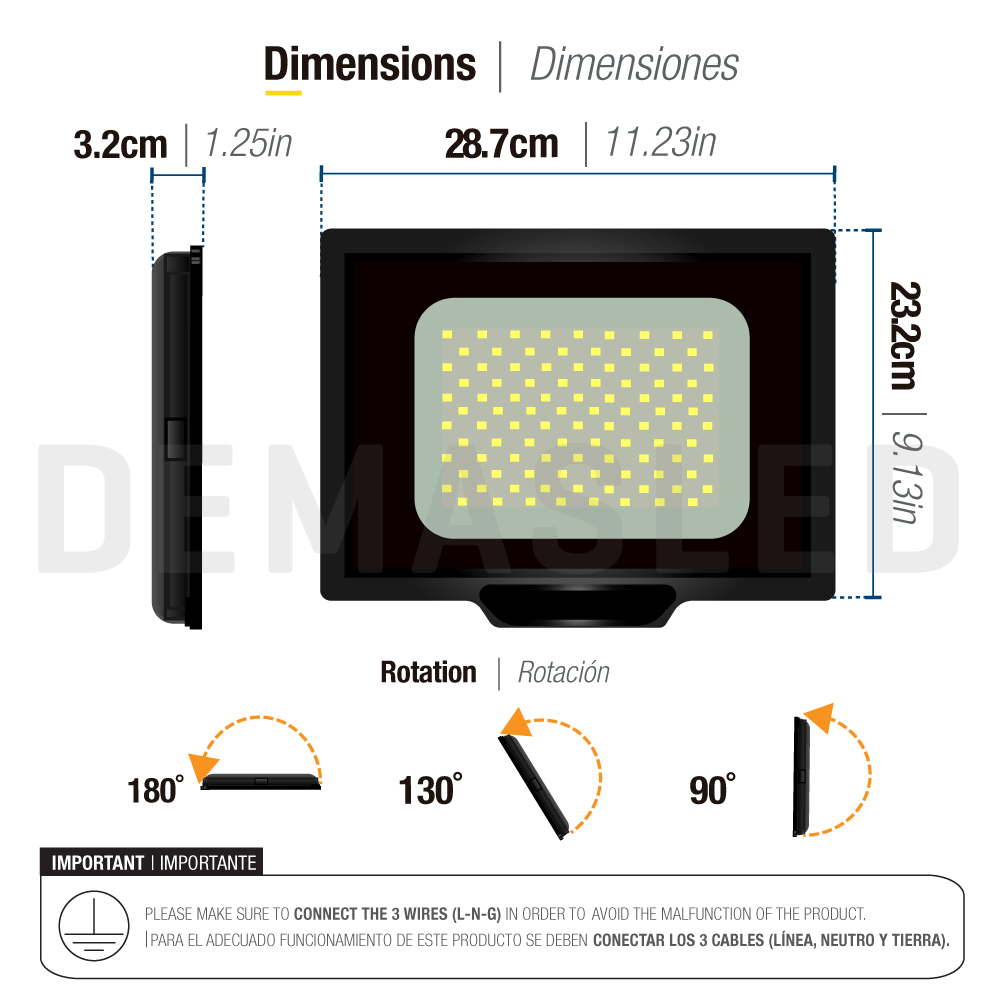 Diagrama que muestra dimensiones y ángulos de rotación de un foco LED rectangular con nota de instalación.