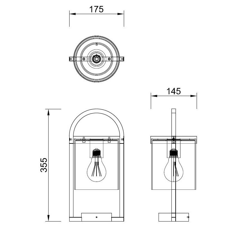 Dibujo técnico de una lámpara de exterior con dimensiones de 175, 145 y 355 mm en tres vistas.