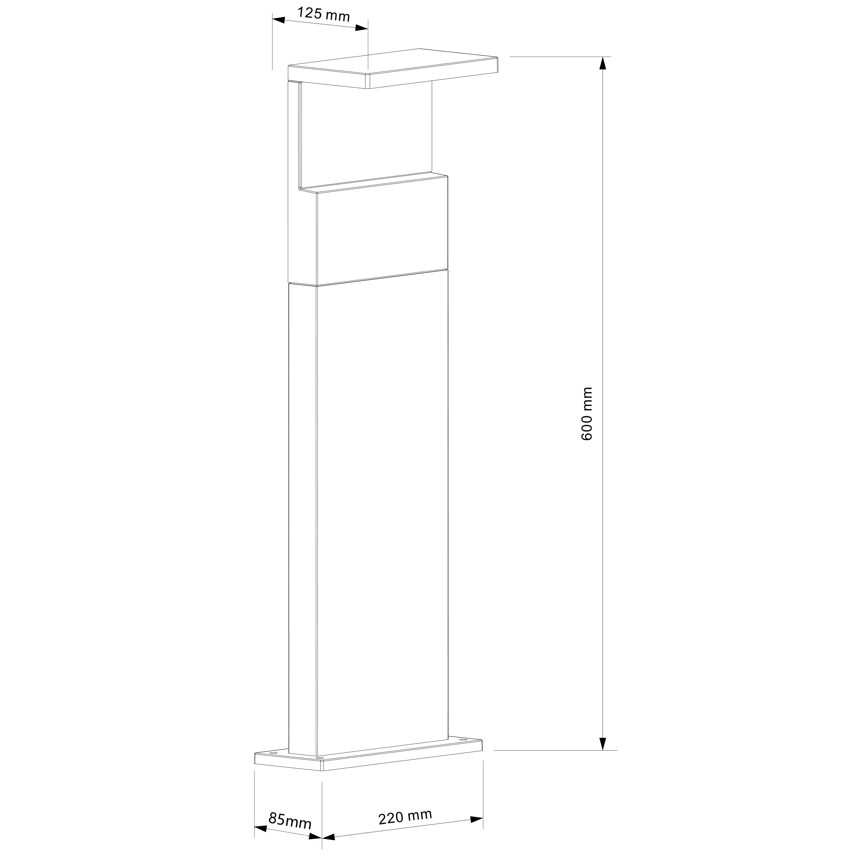 Dibujo técnico de una baliza de luz moderna con dimensiones.