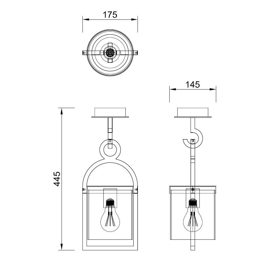 Dibujo técnico de una linterna colgante con dimensiones 175, 145 y 445 mm.