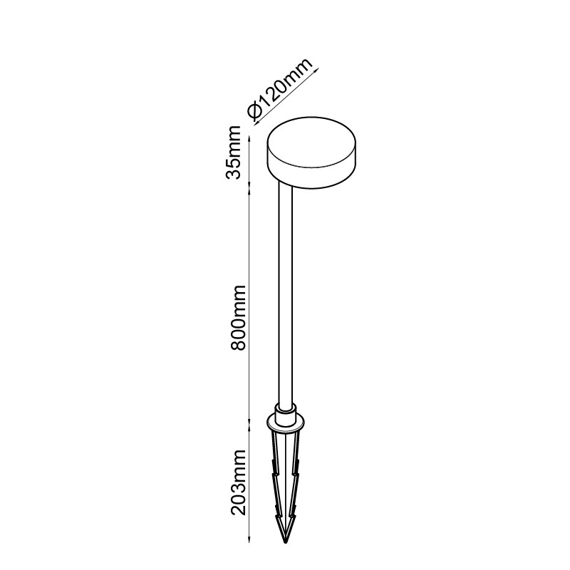 Dibujo técnico de una luz de jardín con cotas.