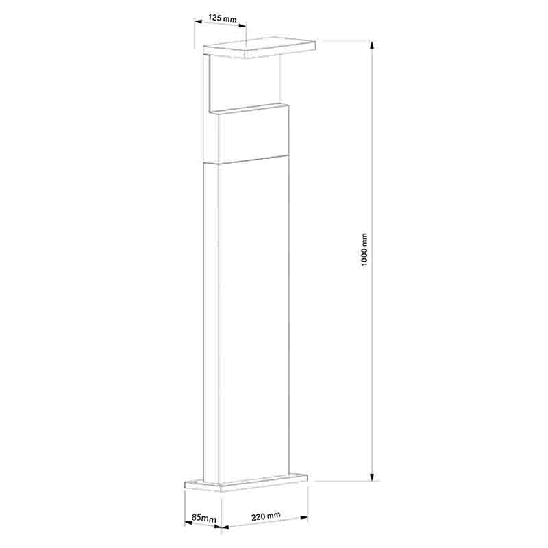 Dibujo técnico de una baliza de iluminación moderna con medidas.