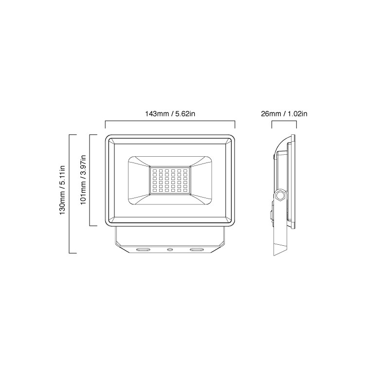 Dibujo lineal de un proyector LED con dimensiones de ancho, alto y fondo sobre un fondo blanco.