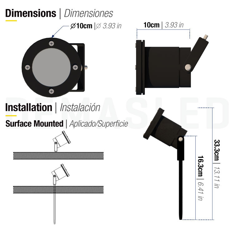 Dibujo técnico que muestra las dimensiones e instrucciones de instalación de un foco redondo.