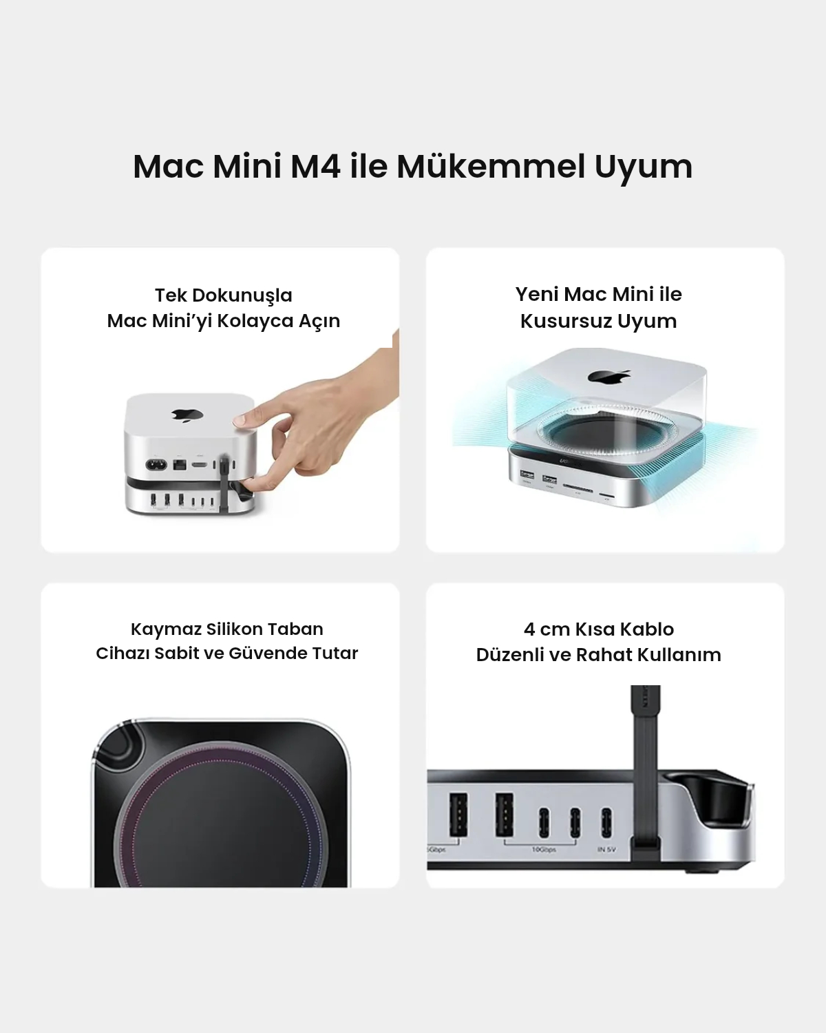 Türkçe metin içeren Mac Mini aksesuarının özelliklerini gösteren dört görsel.