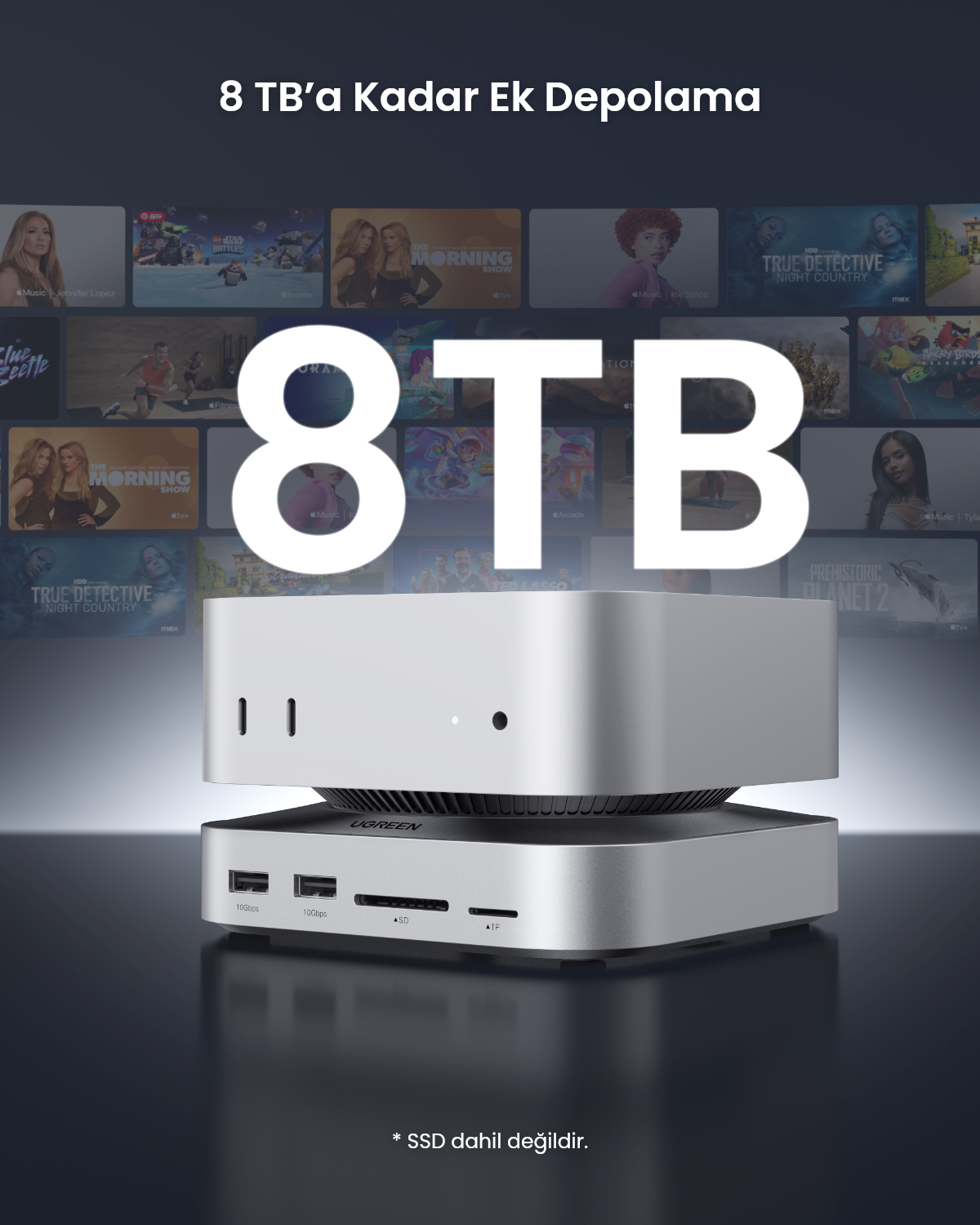 Medya arka planı önünde 8TB yazılı gümüş renkli Ugreen depolama cihazı.
