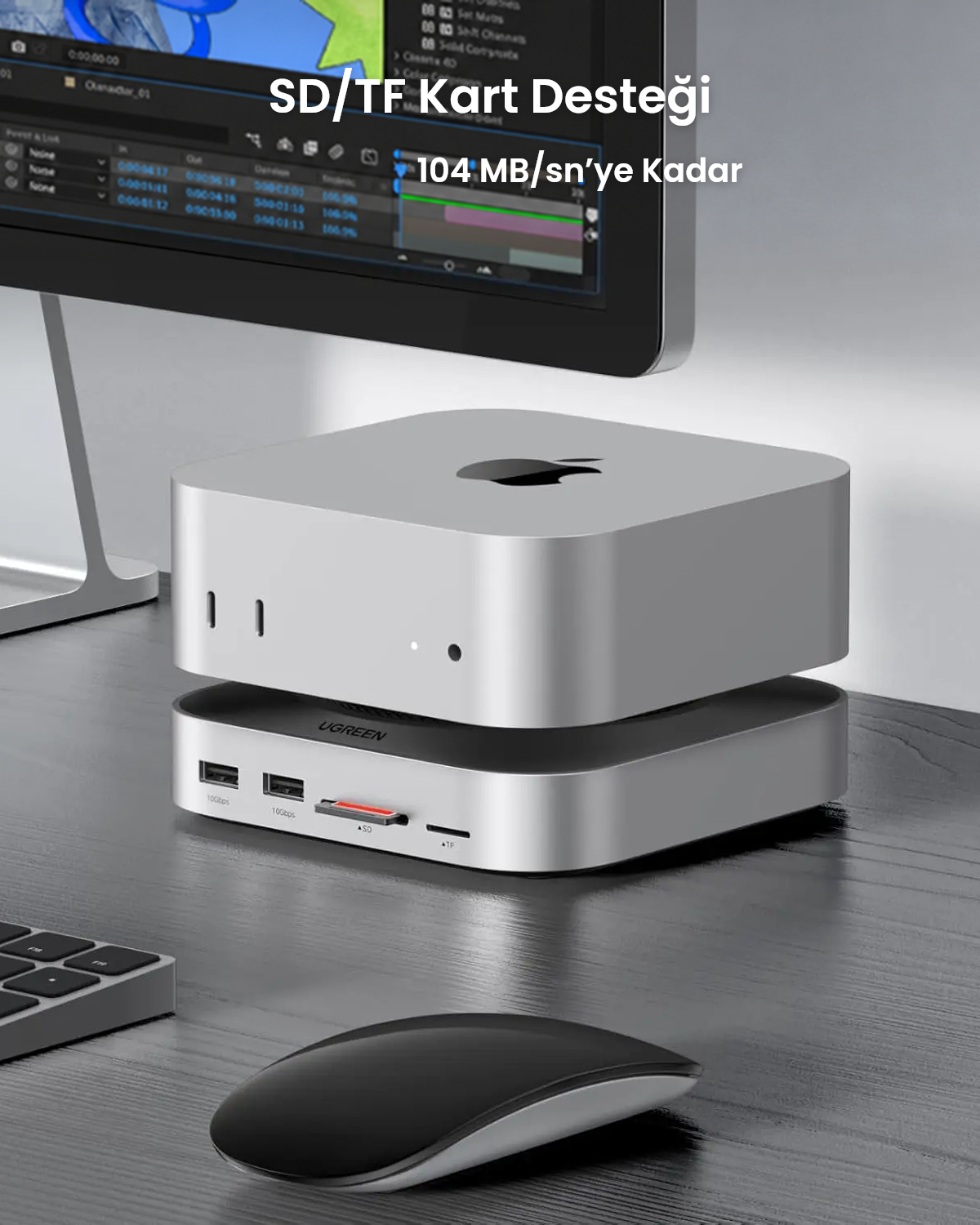 Monitör ve fareli masada bir Ugreen hub üzerinde duran Mac mini.