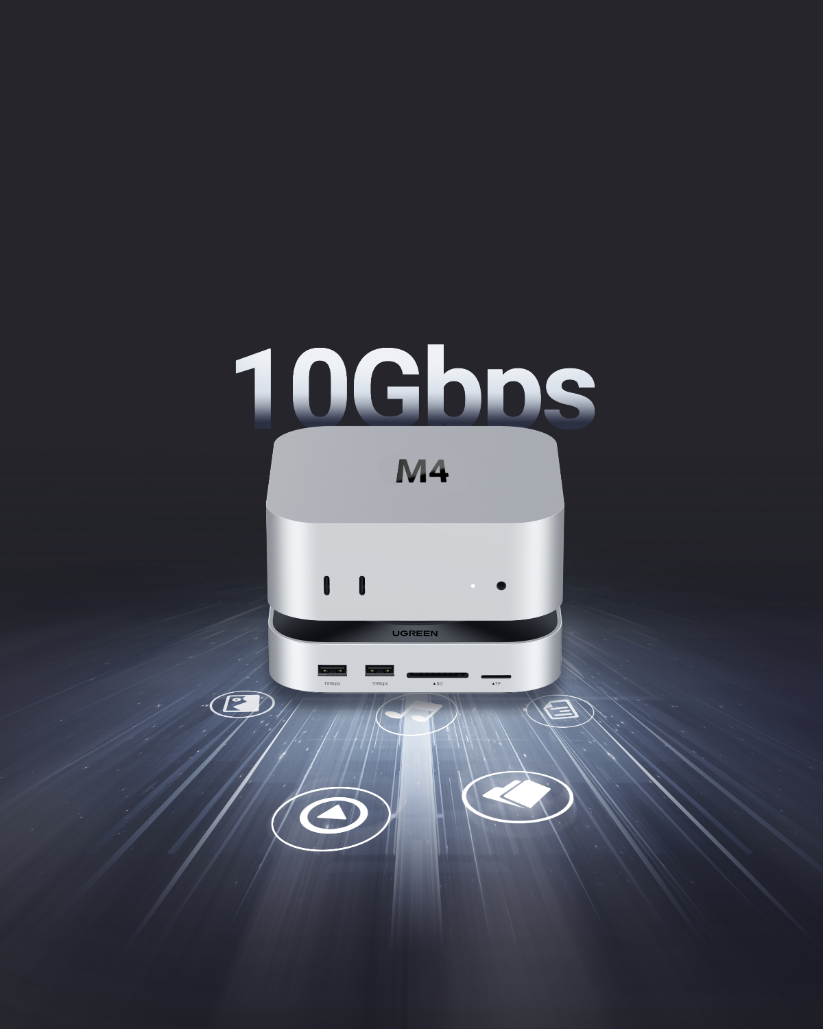 Koyu arka planda 10Gbps ve simgeler bulunan gümüş renkli UGREEN M4 cihazı.