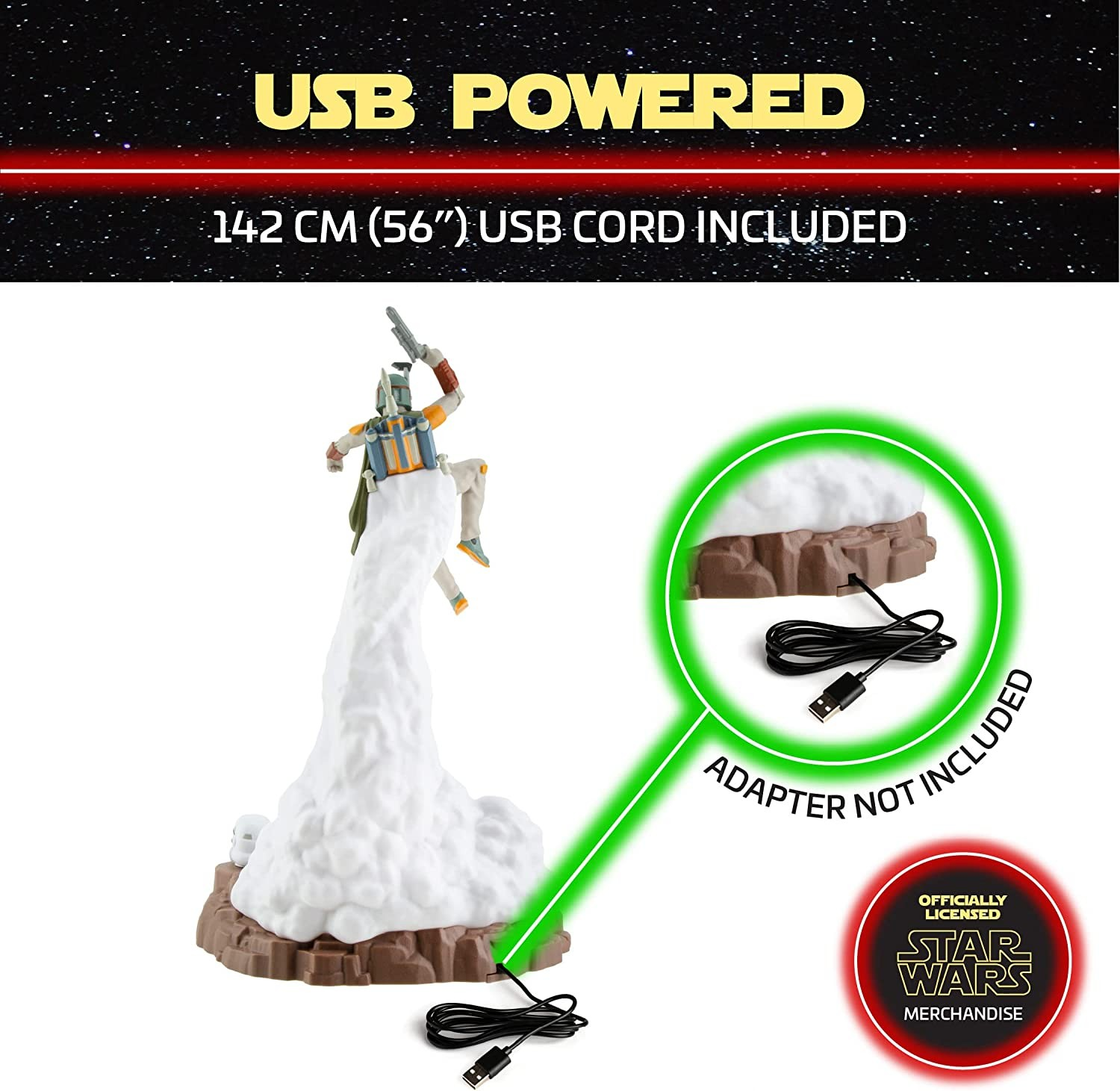 Boba-Fett-Figur mit USB-betriebener Rauchsockel, 142 cm Kabel und Star-Wars-Lizenzlogo.