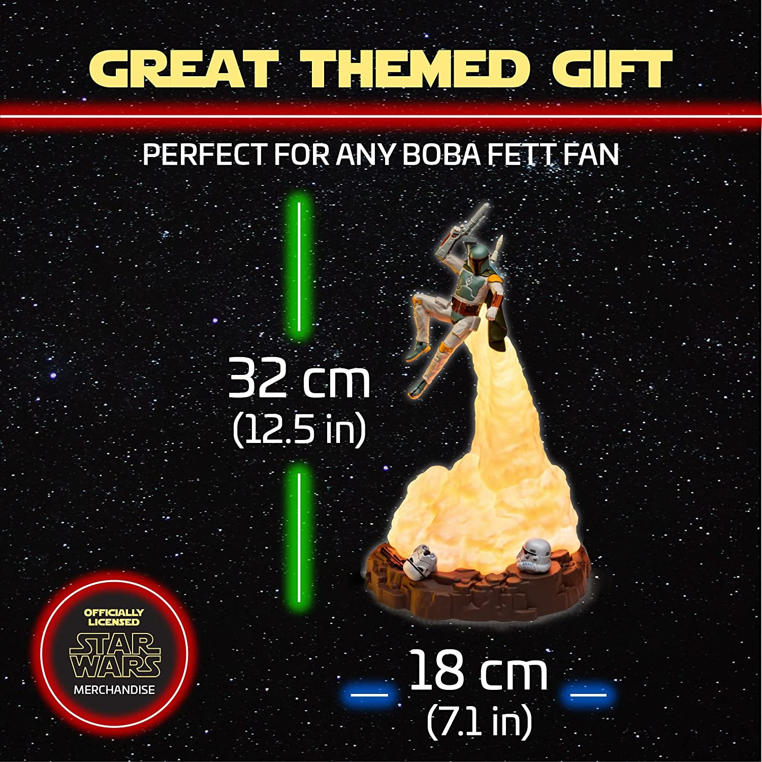 Boba Fett Action-Figurenlicht mit Rauchsockel und Stormtrooper-Helden vor sternenklarem Hintergrund.