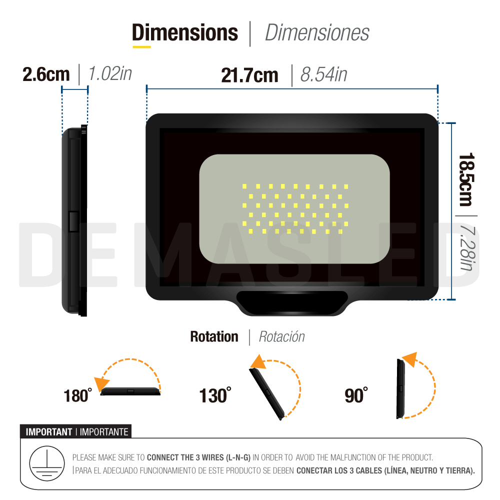 El diagrama muestra dimensiones y ángulos de rotación de un foco LED con instrucciones de cableado.