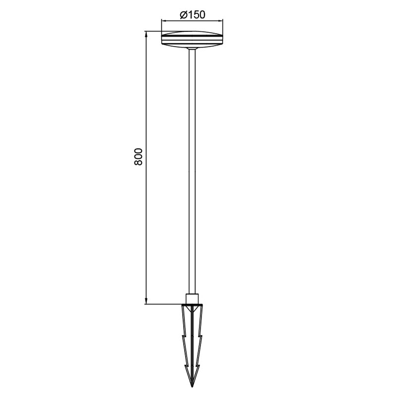 Dibujo técnico de una luz de jardín con estaca de tierra, diámetro 150 y altura 800 mm.