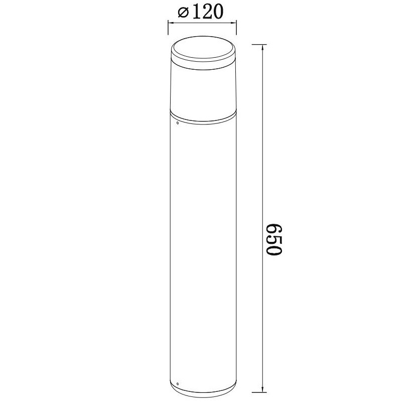 Dibujo técnico de una baliza cilíndrica con un diámetro de 120 mm y una altura de 650 mm.