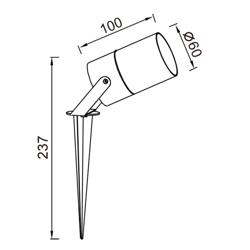 Dibujo técnico de un foco de jardín con estaca y dimensiones en milímetros.
