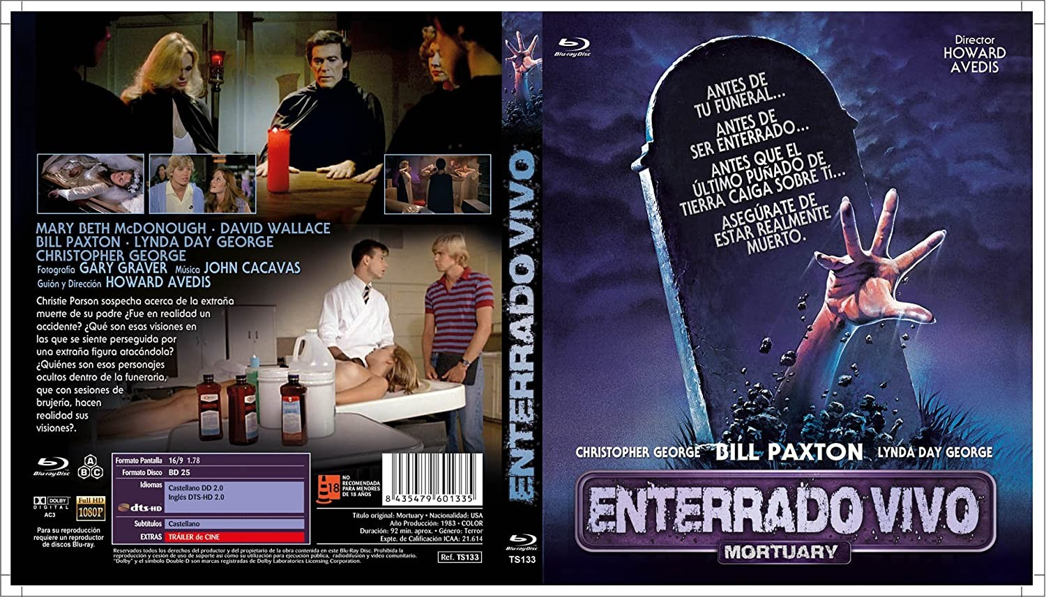 Carátula de Blu-ray de la película de terror Mortuary con lápida y actores.
