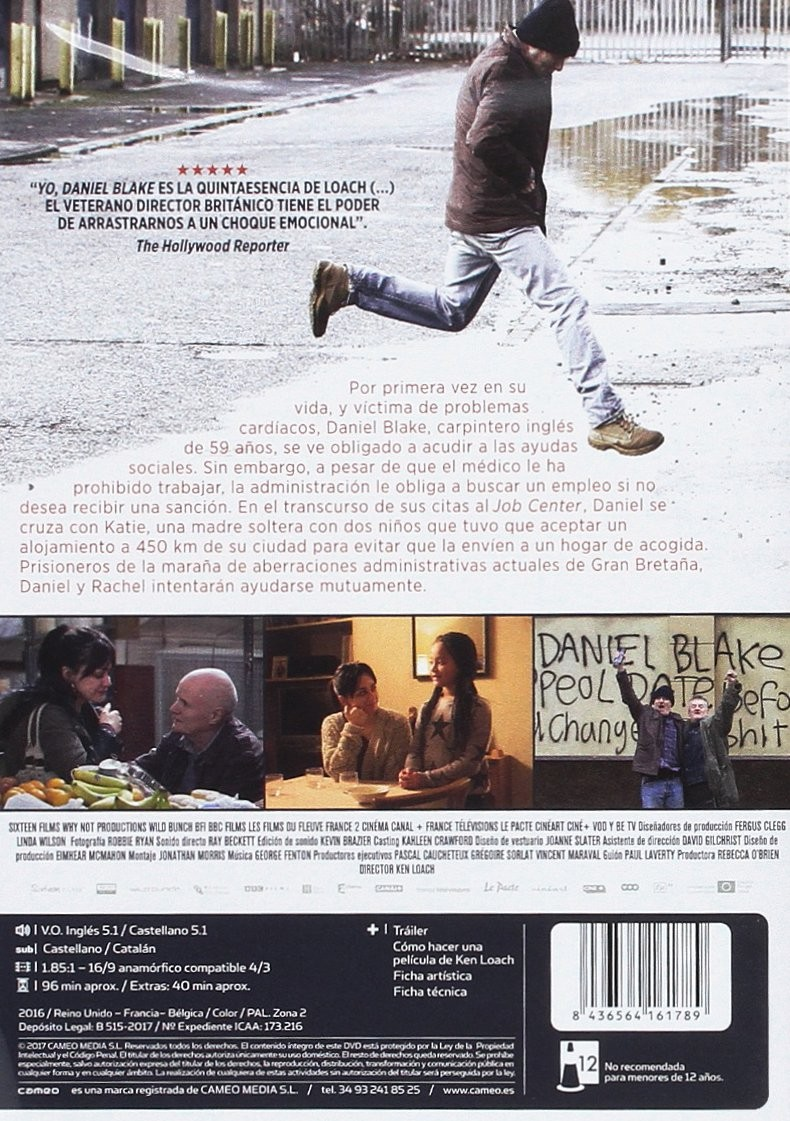 Contraportada del DVD de Yo, Daniel Blake con reseñas, sinopsis, fotogramas y código de barras.