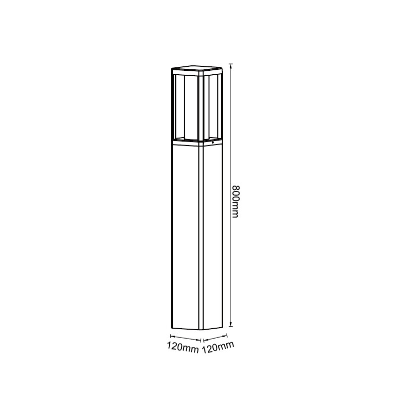 Dibujo técnico de una baliza cuadrada, 800 mm de alto, 120x120 mm de ancho.