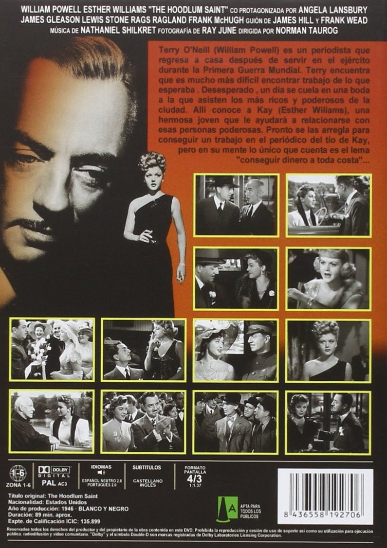 Contraportada del DVD de The Hoodlum Saint con William Powell y Esther Williams y fotogramas en blanco y negro.