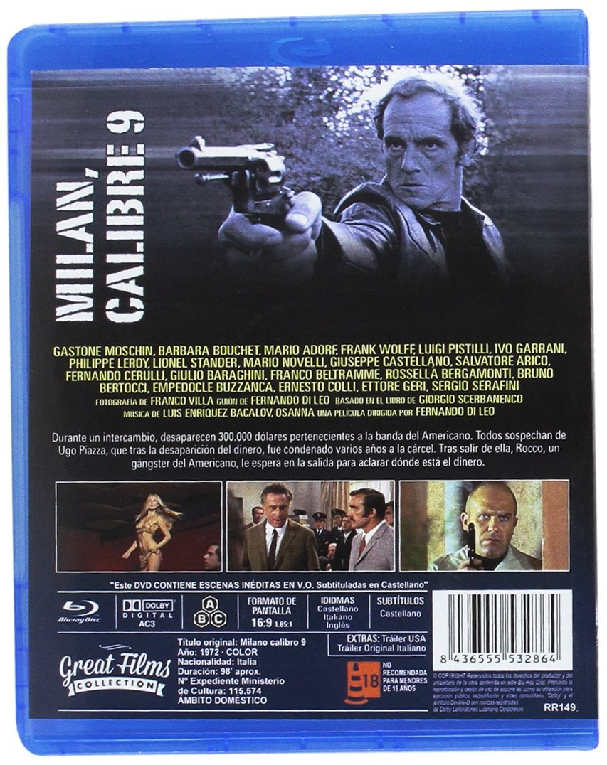 Contraportada del Blu-ray de Milán, calibre 9 con imágenes de la película, reparto, sinopsis y código de barras.