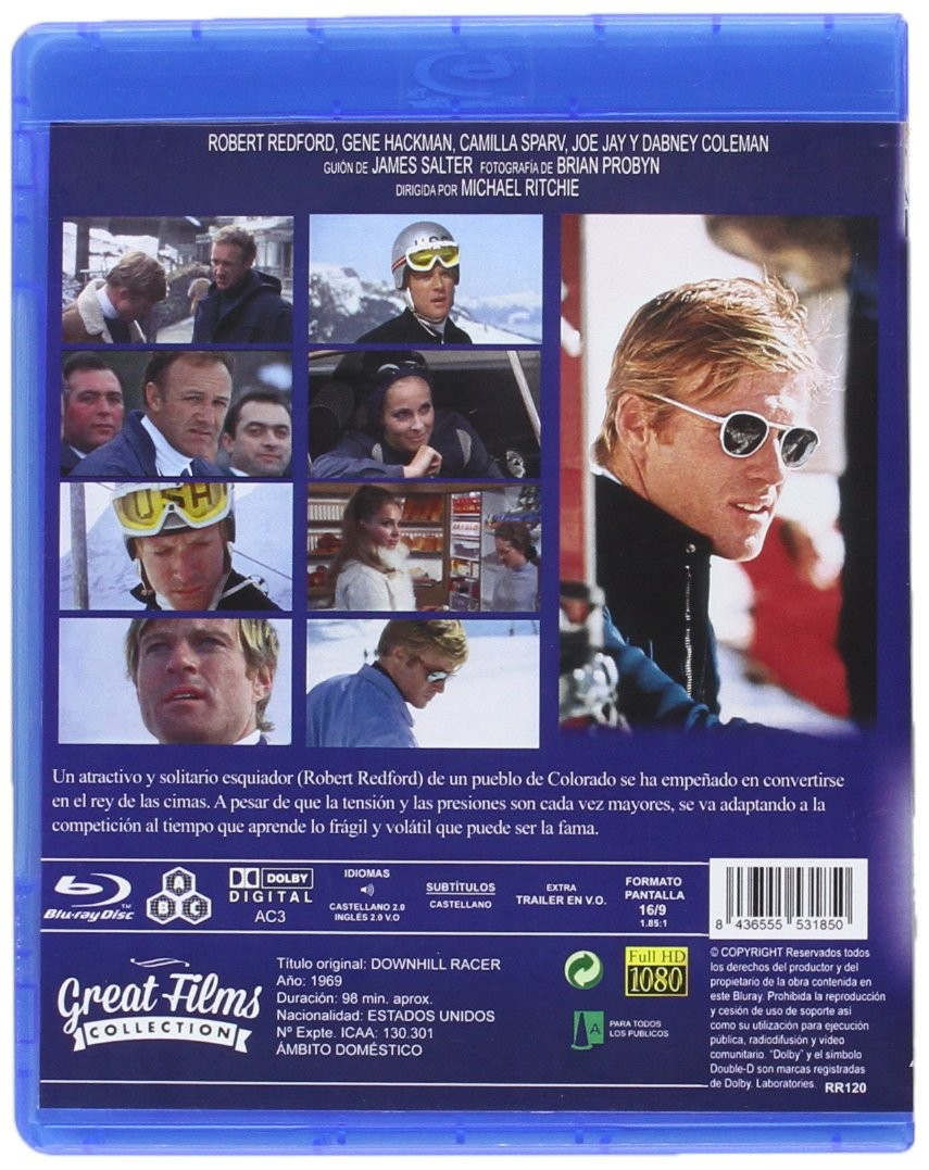 Contraportada del Blu-ray de Downhill Racer con fotogramas, texto y detalles técnicos.
