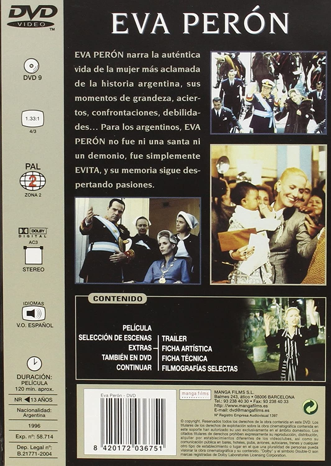 Contraportada del DVD de la película Eva Perón con fotogramas, texto en español, especificaciones y código de barras.