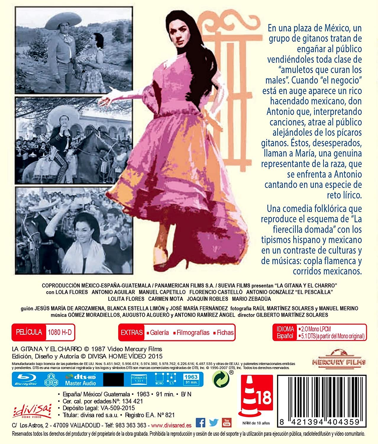 Contraportada de la película La gitana y el charro con fotos, texto en español y detalles técnicos.