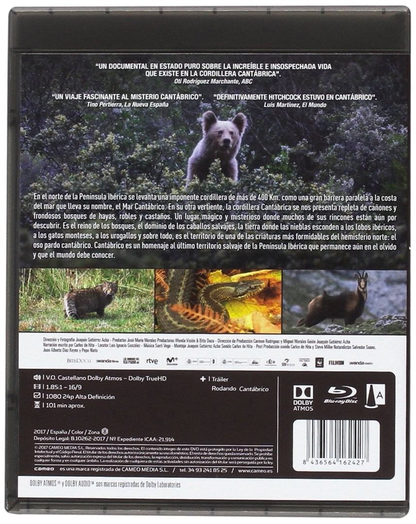 Parte trasera de una caja de Blu-ray con un oso pardo, fauna, texto en español y detalles técnicos.