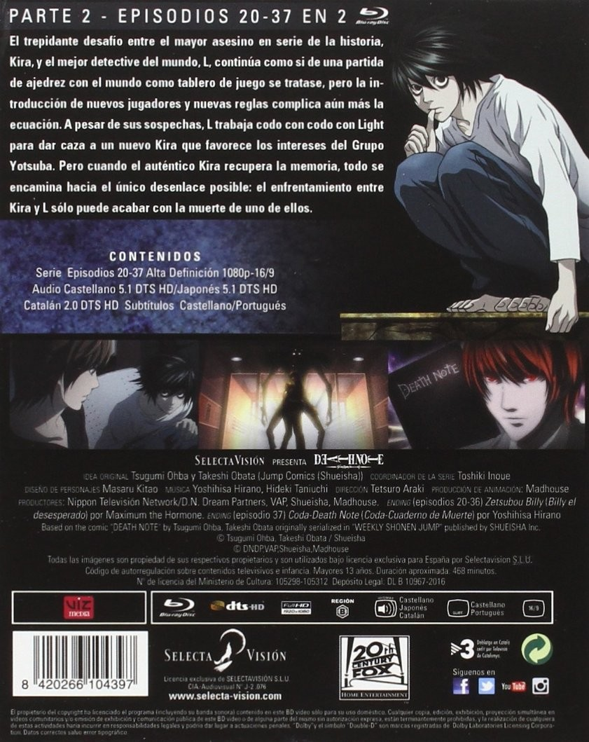 Contraportada de un Blu-ray de Death Note con personajes de anime, texto y logotipos.