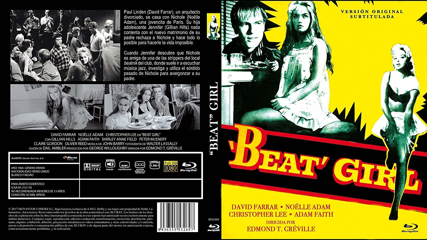 Carátula de DVD de Beat Girl con fotogramas en blanco y negro, nombres de actores y gráfico de título en amarillo y rojo.