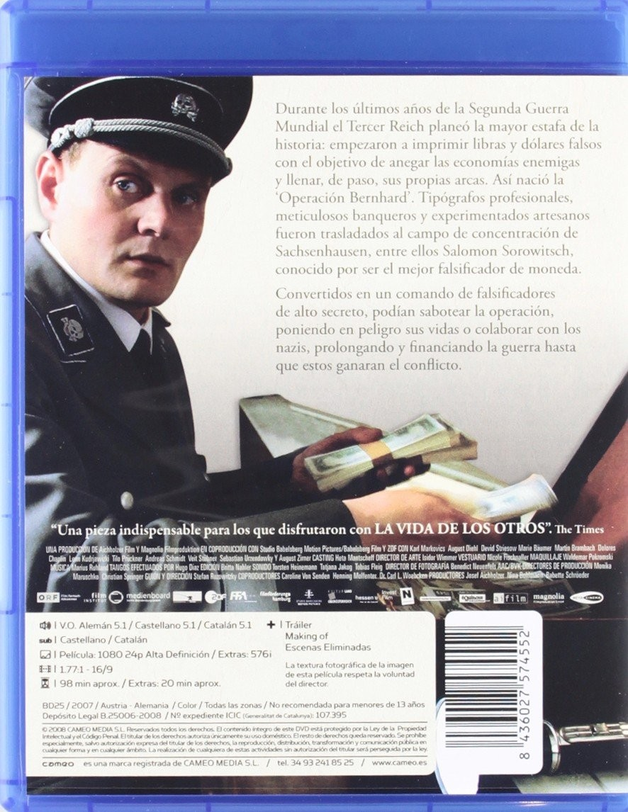 Contraportada de un DVD con un hombre con uniforme sosteniendo billetes, texto y un código de barras.