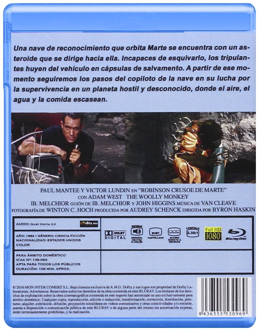 Contraportada del Blu-ray Robinson Crusoe en Marte con texto en español, fotogramas y especificaciones.