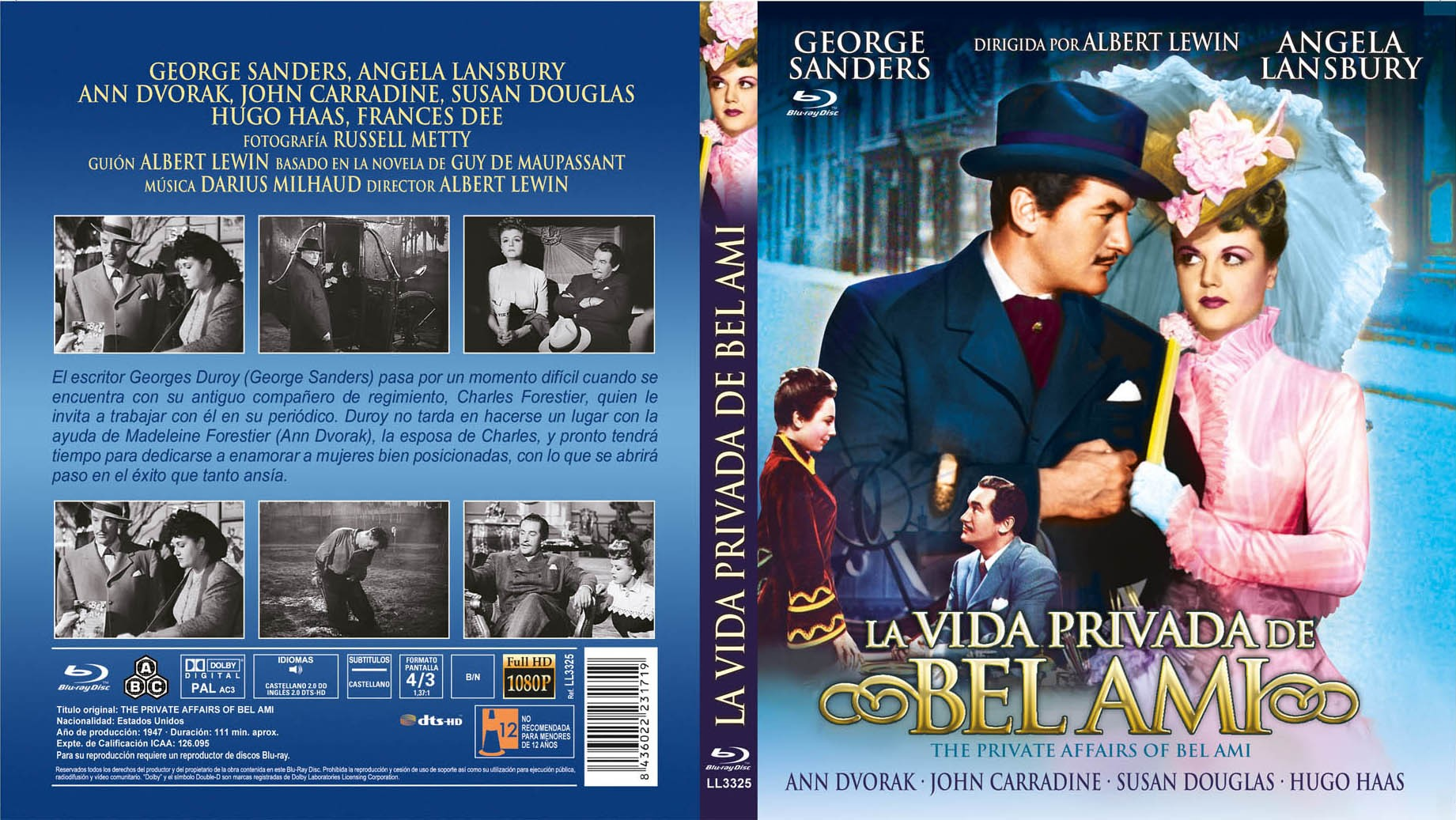 Carátula del DVD de La vida privada de Bel Ami con George Sanders y Angela Lansbury en trajes de época.