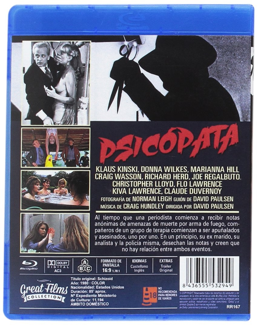 Contraportada de una caja azul de Blu-ray de Psicópata, con fotogramas, texto y código de barras.
